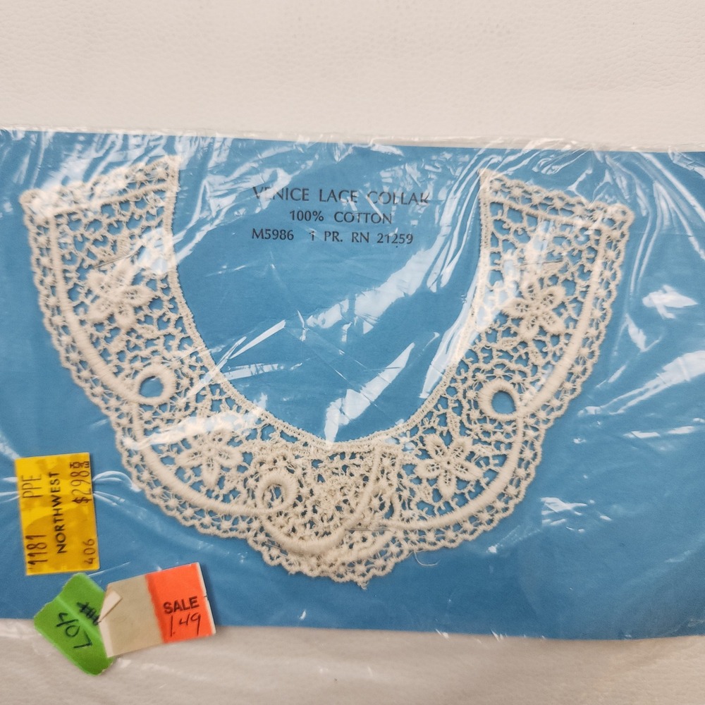 Vintage‎ NOS Wrights Venice Guipure Cotton Lace Collar 2 Piece White Floral